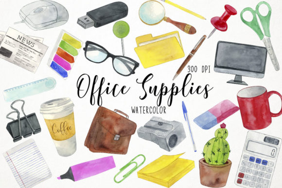 Download Watercolor Office Supplies Clipart - Premium Bundle